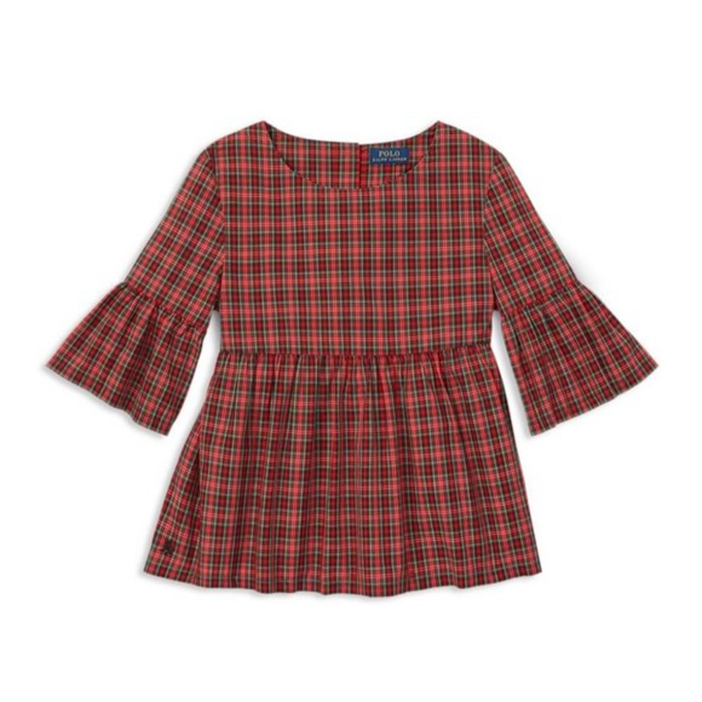 NWT Girls Size 16 Polo Ralph Lauren Poplin Plaid Bell-Sleeve Blouse Top
